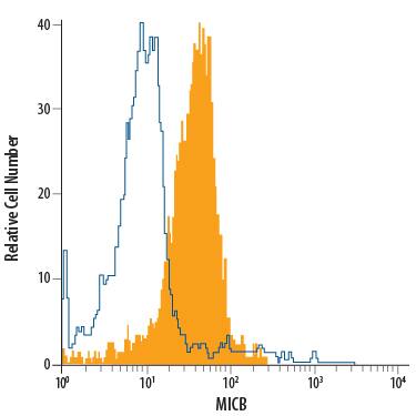 K562 human chronic myelogenous leukemia cell line was stained with Mouse Anti-Human MICB Alexa Fluor® 488-conjugated Monoclonal Antibody (Catalog # FAB1599G, filled histogram) or isotype control antibody (Catalog # IC0041G, open histogram). View our protocol for Staining Membrane-associated Proteins.