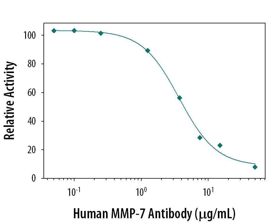 The cleavage of Mca-PLGL-Dpa-AR-NH2(10 µM, Catalog # ES001) by Recombinant Human MMP-7 (0.2 µg/mL, Catalog # 907-MP) is measured after preincubation with increasing concentrations of Goat Anti-Human MMP-7 Antigen Affinity-purified Polyclonal Antibody (Catalog # AF907). The ND50 is typically 2 µg/mL.