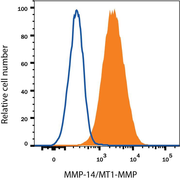 MDA-MB-231 human breast cancer cell line was stained with Mouse Anti-Human MMP-14/MT1-MMP Alexa Fluor® 700-conjugated Monoclonal Antibody (Catalog # FAB9181N, filled histogram) or isotype control antibody (Catalog # IC0041N, open histogram). View our protocol for Staining Membrane-associated Proteins.