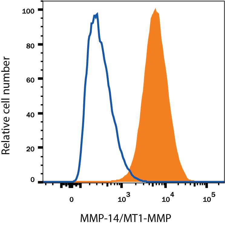 MDA-MB-231 human breast cancer cell line was stained with Mouse Anti-Human MMP-14/MT1-MMP PE-conjugated Monoclonal Antibody (Catalog # FAB9181P, filled histogram) or isotype control antibody (Catalog # IC0041P, open histogram). View our protocol for Staining Membrane-associated Proteins.