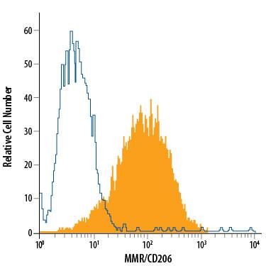 Human immature dendritic cells were stained with Mouse Anti-Human MMR/CD206 PE-conjugated Monoclonal Antibody (Catalog # FAB25342P, filled histogram) or isotype control antibody (Catalog # IC003P, open histogram). View our protocol for Staining Membrane-associated Proteins.