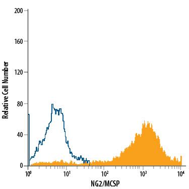 G361 human melanoma cell line was stained with Mouse Anti-Human NG2/MCSP APC-conjugated Monoclonal Antibody (Catalog # FAB2585A, filled histogram) or isotype control antibody (Catalog # IC002A, open histogram). View our protocol for Staining Membrane-associated Proteins.