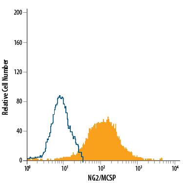 G361 human melanoma cell line was stained with Mouse Anti-Human NG2/MCSP Fluorescein-conjugated Monoclonal Antibody (Catalog # FAB2585F, filled histogram) or isotype control antibody (Catalog # IC002F, open histogram). View our protocol for Staining Membrane-associated Proteins.