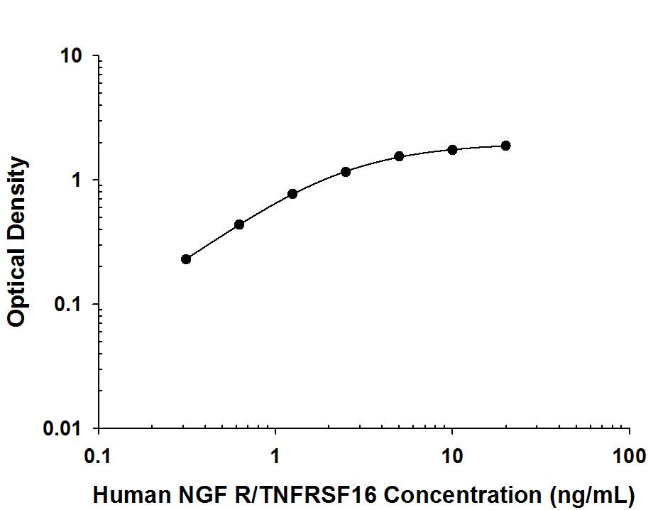 Recombinant Human/Mouse/Rat NGF R/TNFRSF16 (Catalog # 367-NR) was serially diluted 2-fold and captured by Goat Anti-Human/Mouse/Rat NGF R/TNFRSF16 Antigen Affinity-purified Polyclonal Antibody (Catalog # AF367) coated on a Clear Polystyrene Microplate (Catalog # DY990). Goat Anti-Human/Mouse NGF R/TNFRSF16 Biotinylated Antigen Affinity-purified Polyclonal Antibody (Catalog # BAF367) was incubated with the protein captured on the plate. Detection of the standard curve was achieved by incubating Streptavidin-HRP (Catalog # DY998) followed by Substrate Solution (Catalog # DY999) and stopping the enzymatic reaction with Stop Solution (Catalog # DY994).