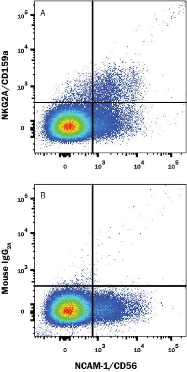 Human peripheral blood mononuclear cells (PBMCs) were stained with Mouse Anti-Human NCAM-1/CD56 APC-conjugated Monoclonal Antibody (Catalog # FAB2408A) and either (A) Mouse Anti-Human NKG2A/CD159a Monoclonal Antibody (Catalog # MAB1059R) or (B) Mouse IgG2A Isotype Control (Catalog # MAB003) followed by Anti-Mouse IgG PE-conjugated secondary antibody (Catalog # F0101B). View our protocol for Staining Membrane-associated Proteins.