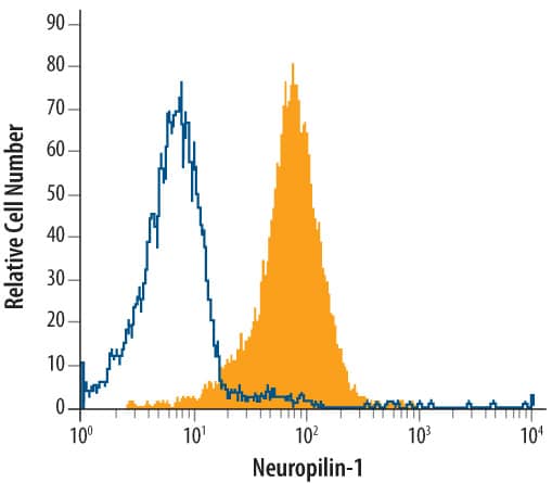 bEnd.3 mouse endothelioma cell line was stained with Rat Anti-Mouse Neuropilin-1 Monoclonal Antibody (Catalog # MAB5994, filled histogram) or isotype control antibody (Catalog # MAB006, open histogram), followed by Allophycocyanin-conjugated Anti-Rat IgG Secondary Antibody (Catalog # F0113).