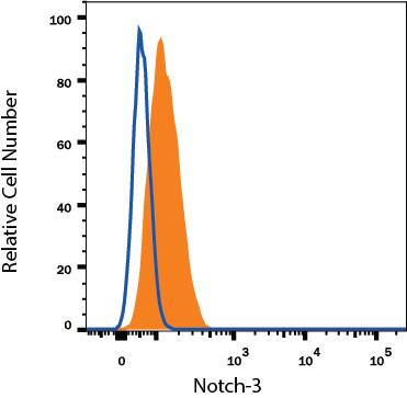 BG01V human embryonic stem cells were stained with Mouse Anti-Human Notch-3 Alexa Fluor® 488-conjugated Monoclonal Antibody (Catalog # FAB1559G, filled histogram) or isotype control antibody (Catalog # IC002G, open histogram). View our protocol for Staining Membrane-associated Proteins.