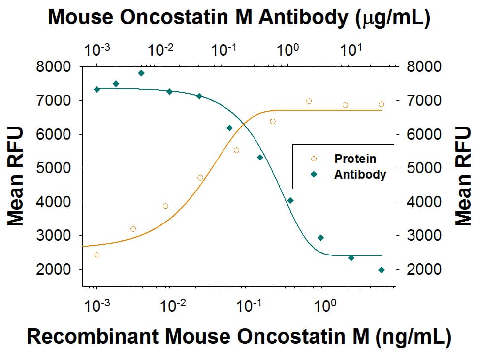 Recombinant Mouse Oncostatin M/OSM (Catalog # 495-MO) stimulates proliferation in the NIH-3T3 mouse embryonic fibroblast cell line in a dose-dependent manner (orange line). Proliferation elicited by Recombinant Mouse Oncostatin M/OSM (1 ng/mL) is neutralized (green line) by increasing concentrations of Rat Anti-Mouse Oncostatin M/OSM Monoclonal Antibody (Catalog # MAB4951). The ND50 is typically 0.2-1.2 µg/mL.