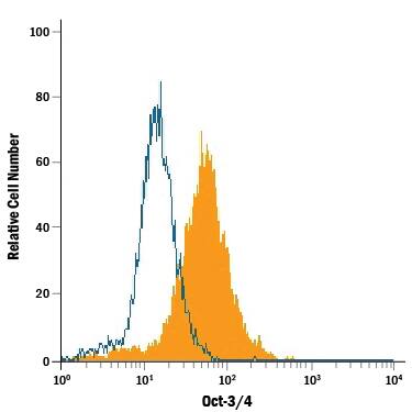 BG01V human embryonic stem cells were stained with Rat Anti-Human/Mouse Oct-3/4 PE-conjugated Monoclonal Antibody (Catalog # IC1759P, filled histogram) or isotype control antibody (Catalog # IC013P, open histogram). To facilitate intracellular staining, cells were fixed with Flow Cytometry Fixation Buffer (Catalog # FC004) and permeabilized with Flow Cytometry Permeabilization/Wash Buffer I (Catalog # FC005). View our protocol for Staining Intracellular Molecules.