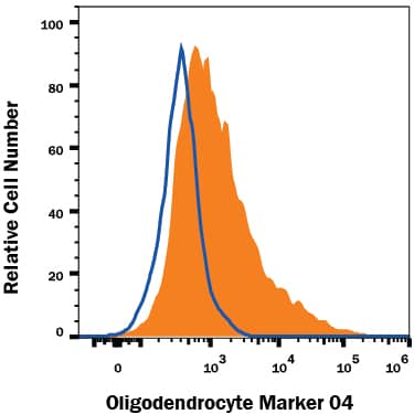 Rat cortical stem cells either differentiated (filled histogram) or undifferentiated (open histogram) were stained with Mouse Anti-Human/Mouse/Rat/ Chicken Oligodendrocyte Marker O4 PE‑conjugated Monoclonal Antibody (Catalog # FAB1326P). View our protocol for Staining Membrane-associated Proteins.