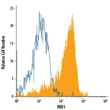 HT-29 human colon adenocarcinoma cell line was stained with Mouse Anti-Human PAR1 Alexa Fluor® 488-conjugated Monoclonal Antibody (Catalog # FAB3855G, filled histogram) or isotype control antibody (Catalog # IC0041G, open histogram). View our protocol for Staining Membrane-associated Proteins.