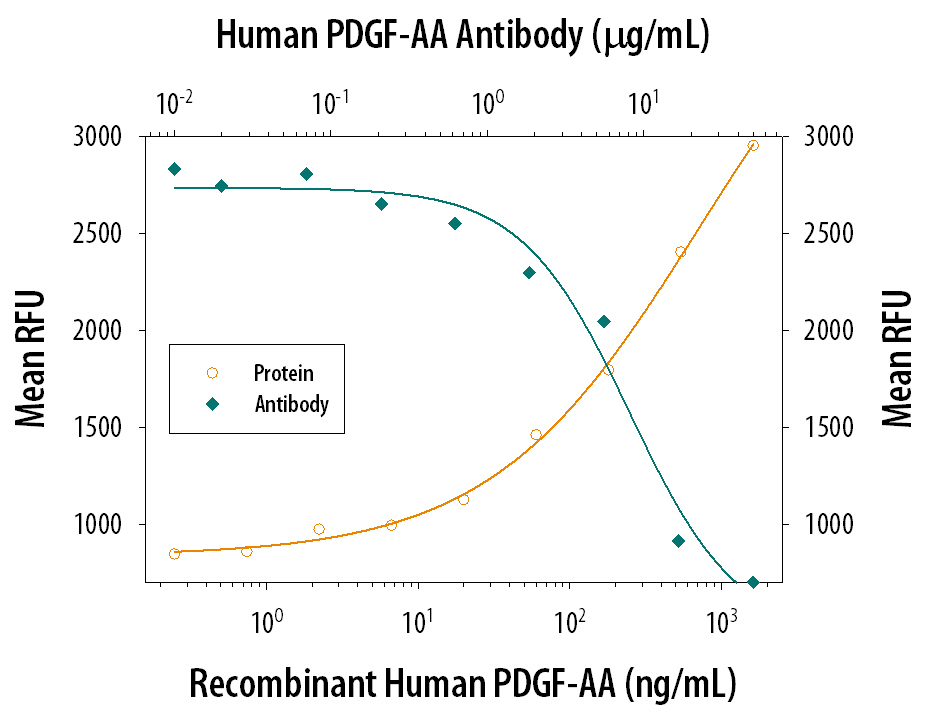 Recombinant Human PDGF-AA (Catalog # 221-AA) stimulates proliferation in the NR6R-3T3 mouse fibroblast cell line in a dose-dependent manner (orange line). Proliferation elicited by Recombinant Human PDGF-AA (25 ng/mL) is neutralized (green line) by increasing concentrations of Goat Anti-Human PDGF-AA Antigen Affinity-purified Polyclonal Antibody (Catalog # AF-221-NA). The ND50 is typically 0.1-0.3 µg/mL.