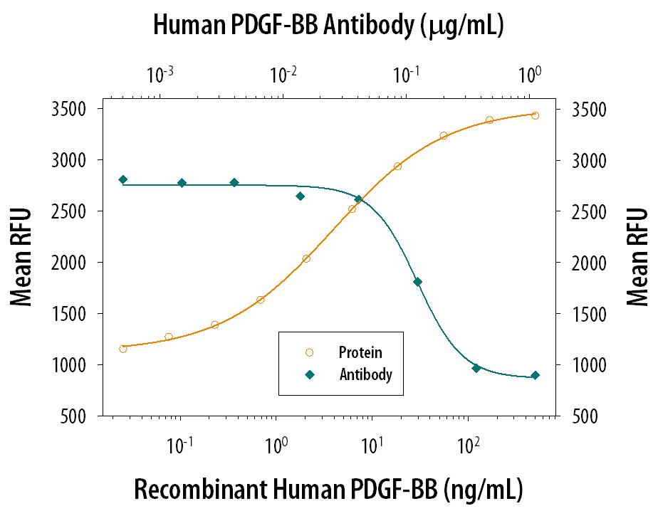 Recombinant Human PDGF-BB (Catalog # 220-BB) stimulates proliferation in the NR6R-3T3 mouse fibroblast cell line in a dose-dependent manner (orange line). Proliferation elicited by Recombinant Human PDGF-BB (10 ng/mL) is neutral-ized (green line) by increasing concentrations of Goat Anti-Human PDGF-BB Antigen Affinity-purified Polyclonal Antibody (Catalog # AF-220-NA). The ND50 is typically 0.1-0.5 µg/mL.
