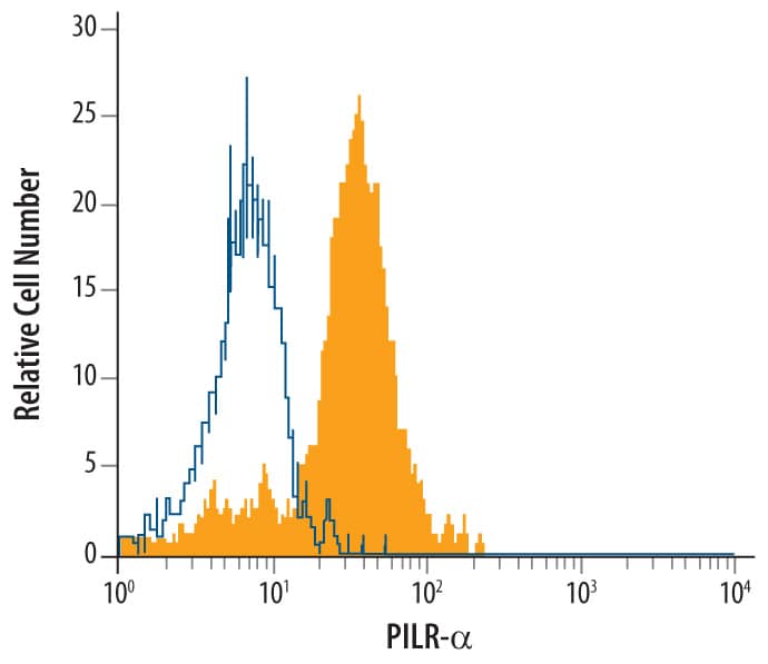 Human peripheral blood granulocytes were stained with Sheep Anti-Human PILR-a Antigen Affinity-purified Polyclonal Antibody (Catalog # AF6484, filled histogram) or control antibody (Catalog # 5-001-A, open histogram), followed by NorthernLights™ 637-conjugated Anti-Sheep IgG Secondary Antibody (Catalog # NL011).