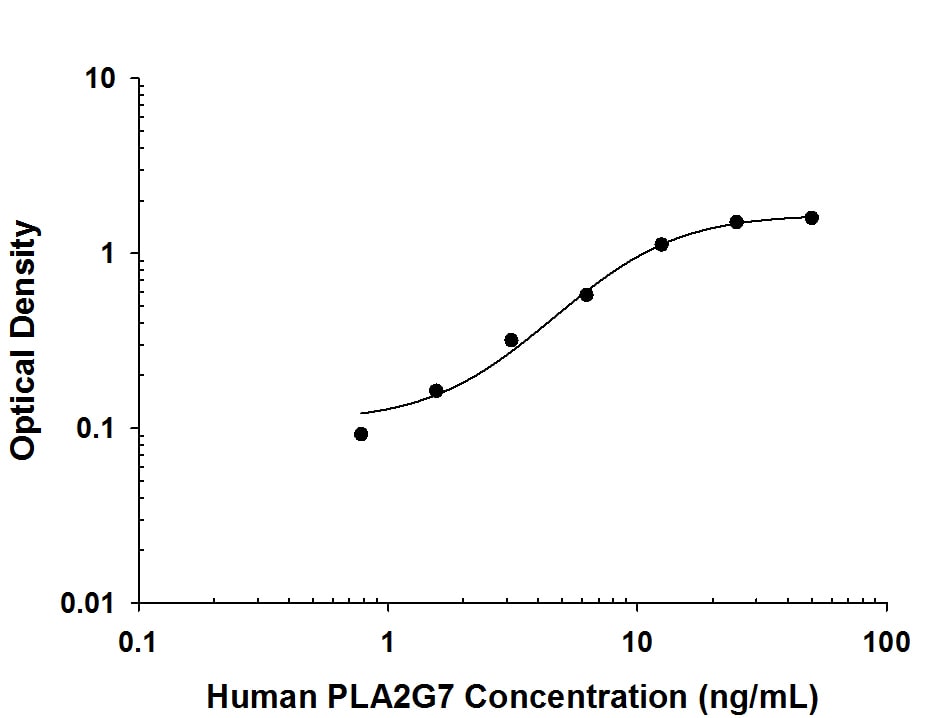 Recombinant Human PLA2G7/PAF-AH/Lp-PLA2 protein was serially diluted 2-fold and captured by Mouse Anti-Human PLA2G7/PAF-AH/Lp-PLA2 Monoclonal Antibody (Catalog # MAB51061) coated on a Clear Polystyrene Microplate (Catalog # DY990). Mouse Anti-Human PLA2G7/PAF-AH/Lp-PLA2 Monoclonal Antibody (Catalog # MAB5106) was biotinylated and incubated with the protein captured on the plate. Detection of the standard curve was achieved by incubating Streptavidin-HRP (Catalog # DY998) followed by Substrate Solution (Catalog # DY999) and stopping the enzymatic reaction with Stop Solution (Catalog # DY994).