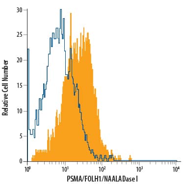 LNCaP human prostate cancer cell line was stained with Mouse Anti-Human PSMA/FOLH1/NAALADase I APC-conjugated Monoclonal Antibody (Catalog # FAB4234A, filled histogram) or isotype control antibody (Catalog # IC003A, open histogram). View our protocol for Staining Membrane-associated Proteins.