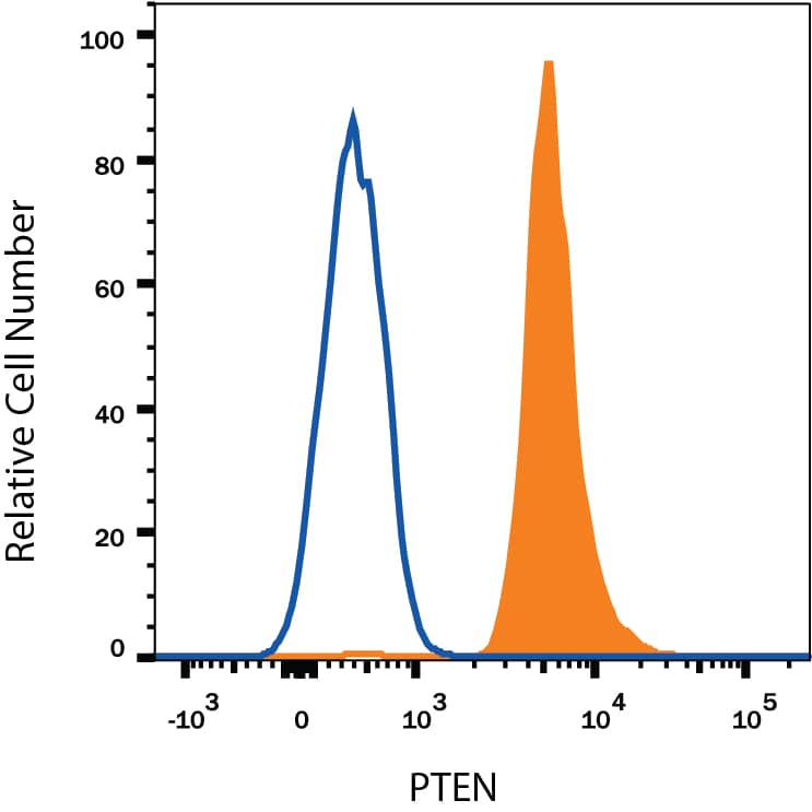 Human peripheral blood mononuclear cell lymphocytes were stained with Mouse Anti-Human/Mouse/Rat PTEN Alexa Fluor® 594-conjugated Monoclonal Antibody (Catalog # IC847T, filled histogram) or isotype control antibody (Catalog # IC002T, open histogram). To facilitate intracellular staining, cells were fixed with paraformaldehyde and permeabilized with saponin.