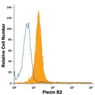 D3 mouse embryonic stem cell line was stained with Rat Anti-Mouse Plexin B2 Alexa Fluor® 488-conjugated Monoclonal Antibody (Catalog # FAB6836G, filled histogram) or isotype control antibody (Catalog # IC006G, open histogram). View our protocol for Staining Membrane-associated Proteins.