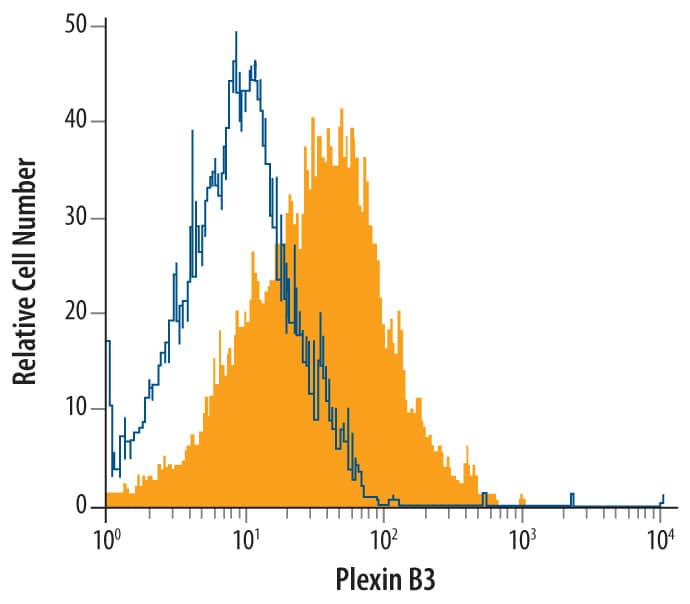 C6 rat glioma cell line was stained with Sheep Anti-Mouse/Rat Plexin B3 Antigen Affinity-purified Polyclonal Antibody (Catalog # AF6879, filled histogram) or isotype control antibody (Catalog # 5-001-A, open histogram), followed by Allophycocyanin-conjugated Anti-Sheep IgG Secondary Antibody (Catalog # F0127).
