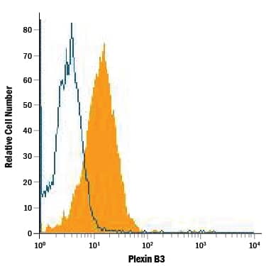 A172 human glioblastoma cell line was stained with Mouse Anti-Human Plexin B3 Monoclonal Antibody (Catalog # MAB4958, filled histogram) or isotype control antibody (Catalog # MAB002, open histogram), followed by Phycoerythrin-conjugated Anti-Mouse IgG Secondary Antibody (Catalog # F0102B).