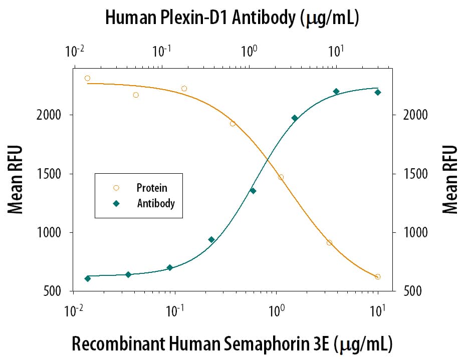 Recombinant Human Semaphorin 3E (Catalog # 3239-S3) inhibits proliferation in the HUVEC human umbilical vein endothelial cells in a dose-dependent manner (orange line). Plexin D1 mediated inhibition elicited by Recombinant Human Semaphorin 3E (5 ug/mL) is neutralized (green line) by increasing concentrations of Goat Anti-Human Plexin D1 Antigen Affinity-purified Polyclonal Antibody (Catalog # AF4160). The ND50 is typically 0.5-2 ug/mL.