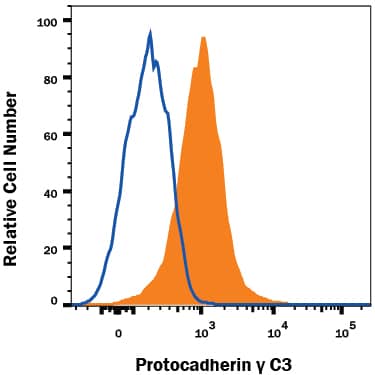 HEK293 human embryonic kidney cell line transfected with either human Protocadherin gamma C3 (filled histogram) or irrelevant transfectants (open histogram) was stained with Mouse Anti-Human Protocadherin gamma C3 Monoclonal Antibody (Catalog # MAB83641), followed by Allophycocyanin-conjugated Anti-Mouse IgG Secondary Antibody (Catalog # F0101B). View our protocol for Staining Membrane-associated Proteins.