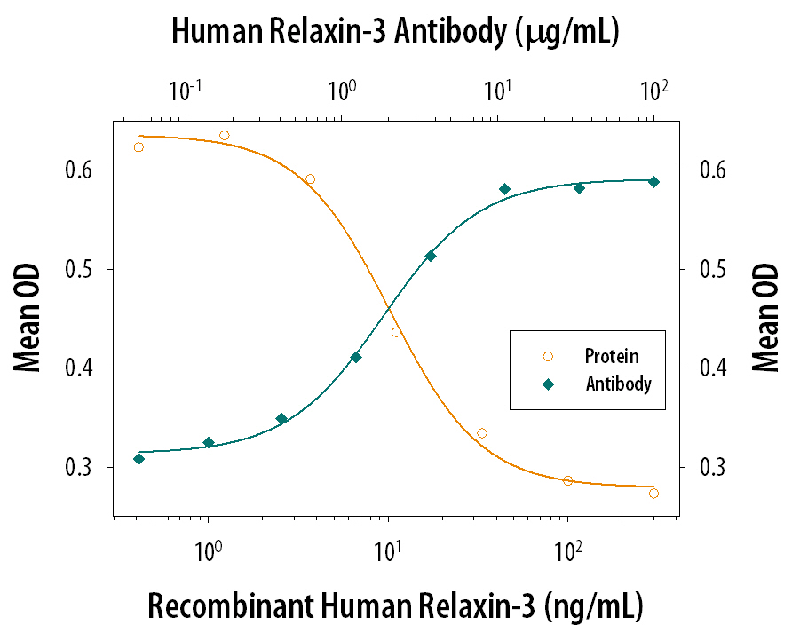 Recombinant Human Relaxin-3 (Catalog # 3107-RN) induces cAMP production in the THP-1 human acute monocytic leukemia cell line in a dose-dependent manner (orange line), as measured by cAMP Parameter Assay Kit (Catalog # KGE002B). cAMP production elicited by Recombinant Human Relaxin-3 (25 ng/mL) is neutralized (green line) by increasing concentrations of Mouse Anti-Human Relaxin-3 Monoclonal Antibody (Catalog # MAB31071). The ND50 is typically 1-5 µg/mL.