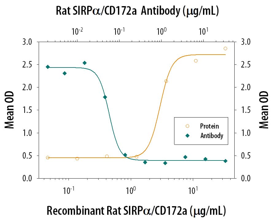 Recombinant Rat SIRPa/CD172a (Catalog # 7307-SA) supports the adhesion in mouse red blood cells in a dose-dependent manner (orange line). Adhesion elicited by Recombinant Rat SIRPa/CD172a (6 µg/mL) is neutralized (green line) by increasing concentrations of Mouse Anti-Rat SIRPa/CD172a Monoclonal Antibody (Catalog # MAB7307). The ND50 is typically 0.04-0.16 µg/mL.