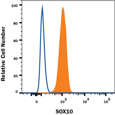 U-2 OS human osteosarcoma cell line was stained with Rabbit Anti-Human SOX10 Monoclonal Antibody (Catalog # MAB28642, filled histogram) or isotype control antibody (Catalog # MAB1050, open histogram), followed by Phycoerythrin-conjugated Anti-Rabbit IgG Secondary Antibody (Catalog # F0110). To facilitate intracellular staining, cells were fixed and permeabilized with FlowX FoxP3 Fixation & Permeabilization Buffer Kit (Catalog # FC012). View our protocol for Staining Intracellular Molecules.