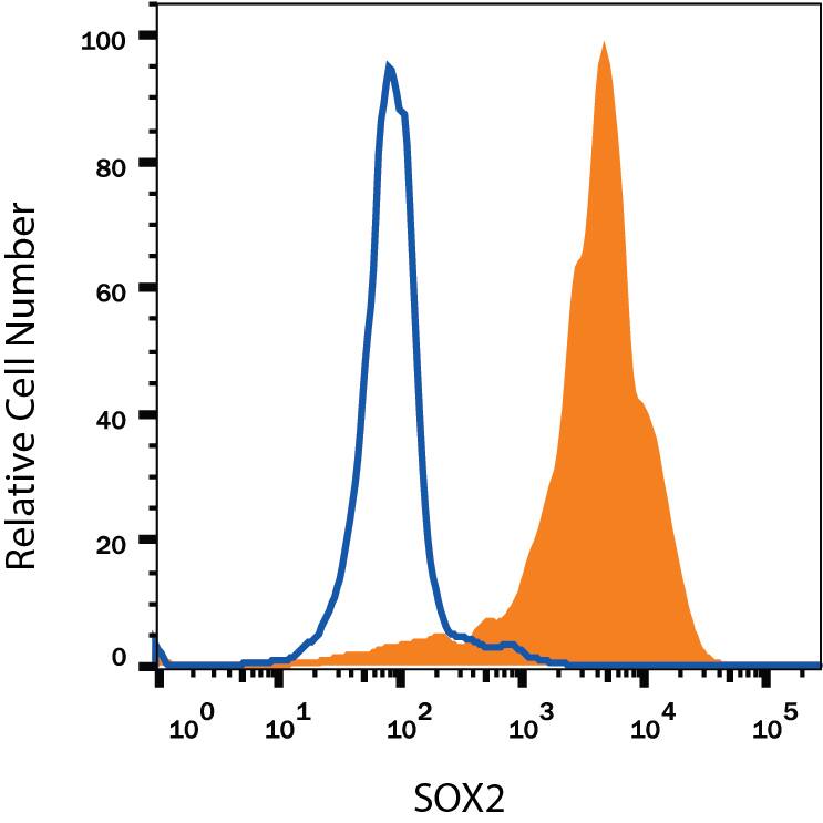 NTera-2 human testicular embryonic carcinoma cell line was stained with Mouse Anti-Human/Mouse SOX2 APC-conjugated Monoclonal Antibody (Catalog # IC2018A, filled histogram) or isotype control antibody (Catalog # IC003A, open histogram). To facilitate intracellular staining, cells were fixed with Flow Cytometry Fixation Buffer (Catalog # FC004) and permeabilized with Flow Cytometry Permeabilization/Wash Buffer I (Catalog # FC005). View our protocol for Staining Intracellular Molecules.