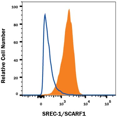 HUVEC human umbilical vein endothelial cells were stained with Mouse Anti-Human SREC-I/ SCARF1 Alexa Fluor® 488-conjugated Monoclonal Antibody (Catalog # FAB2409G, filled histogram) or isotype control antibody (Catalog # IC0041G, open histogram). View our protocol for Staining Membrane-associated Proteins.