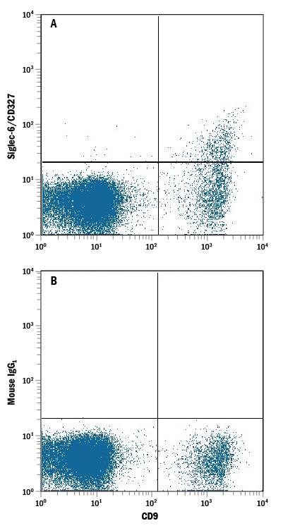 Human peripheral blood mononuclear cell (PBMC) lymphocytes were stained with Mouse Anti-Human CD19 APC-conjugated Monoclonal Antibody (Catalog # FAB4867A) and either (A) Mouse Anti-Human Siglec-6/CD327 Alexa Fluor® 488-conjugated Monoclonal Antibody (Catalog # FAB2859G) or (B) Mouse Alexa Fluor 488 Isotype Control. View our protocol for Staining Membrane-associated Proteins.