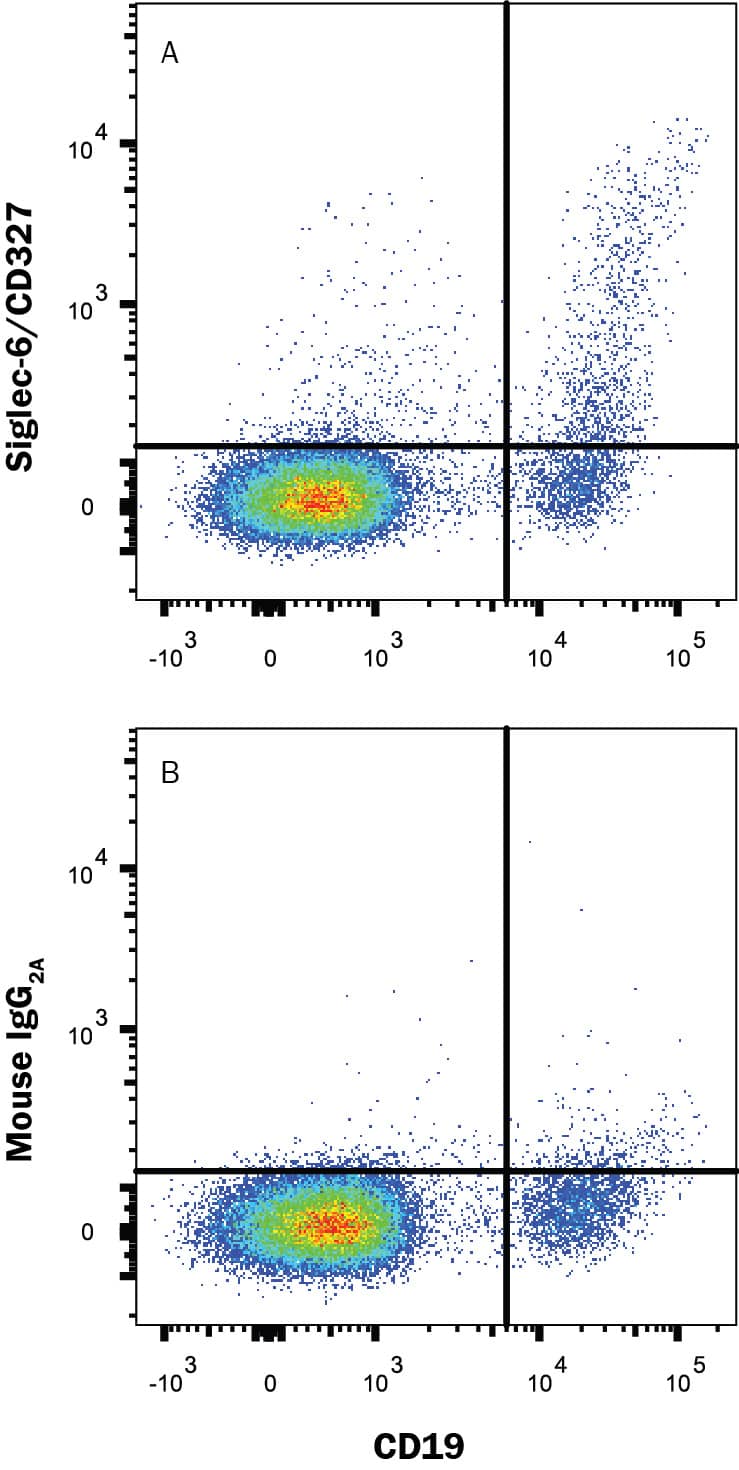 Human peripheral blood mononuclear cell (PBMC) lymphocytes were stained with Mouse Anti-Human CD19 APC-conjugated Monoclonal Antibody (Catalog # FAB4867A) and either (A) Mouse Anti-Human Siglec-6/CD327 Monoclonal Antibody (Catalog # MAB2859R) or (B) Mouse IgG2AIsotype Control (Catalog # MAB003) followed by Phycoerythrin-conjugated Anti-Mouse IgG Secondary Antibody (Catalog # F0102B). View our protocol for Staining Membrane-associated Proteins.