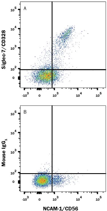 Human peripheral blood mononuclear cells (PBMCs) were stained with Mouse Anti-Human NCAM-1/CD56 PE-conjugated Monoclonal Antibody (Catalog # FAB2408P) and either (A) Mouse Anti-Human Siglec-7/CD328 Monoclonal Antibody (Catalog # MAB11381) or (B) Mouse IgG1Isotype Control (Catalog # MAB002) followed by Allophycocyanin-conjugated Anti-Mouse IgG Secondary Antibody (Catalog # F0101B). View our protocol for Staining Membrane-associated Proteins.