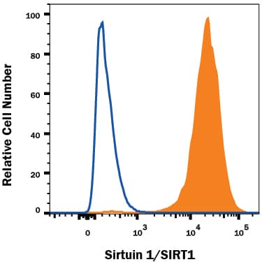 HepG2 human hepatocellular carcinoma cell line was stained with Sheep Anti-Human Sirtuin 1/SIRT1 Antigen Affinity-purified Polyclonal Antibody (Catalog # AF7714, filled histogram) or isotype control antibody (Catalog # 5-001-A, open histogram), followed by Allophycocyanin-conjugated Anti-Sheep IgG Secondary Antibody (Catalog # F0127). To facilitate intracellular staining, cells were fixed and permeabilized with FlowX FoxP3 Fixation & Permeabilization Buffer Kit (Catalog # FC012). View our protocol for Staining Intracellular Molecules.