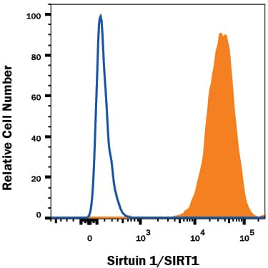 HepG2 human hepatocellular carcinoma cell line was stained with Mouse Anti-Human Sirtuin 1/SIRT1 Monoclonal Antibody (Catalog # MAB7714, filled histogram) or isotype control antibody (Catalog # MAB002, open histogram), followed by Allophycocyanin-conjugated Anti-Mouse IgG Secondary Antibody (Catalog # F0101B). To facilitate intracellular staining, cells were fixed and permeabilized with FlowX FoxP3 Fixation & Permeabilization Buffer Kit (Catalog # FC012). View our protocol for Staining Intracellular Molecules.