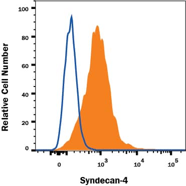 HeLa human cervical epithelial carcinoma cell line was stained with Rat Anti-Human Syndecan-4 Monoclonal Antibody (Catalog # MAB29181, filled histogram) or Rat IgG2A isotype control antibody (Catalog # MAB006, open histogram) followed by APC-conjugated Anti-Rat IgG Secondary Antibody (Catalog # F0113). View our protocol for Staining Membrane-associated Proteins.