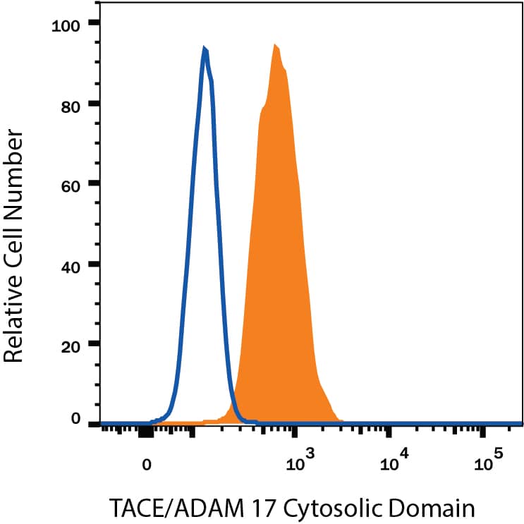 HeLa human cervical epithelial carcinoma cell line was stained with Mouse Anti-Human TACE/ADAM17 Cytosolic Domain Monoclonal Antibody (Catalog # MAB21291, filled histogram) or isotype control antibody (Catalog # MAB002, open histogram), followed by Phycoerythrin-conjugated Anti-Mouse IgG Secondary Antibody (Catalog # F0102B). To facilitate intracellular staining, cells were fixed with Flow Cytometry Fixation Buffer (Catalog # FC004) and permeabilized with Flow Cytometry Permeabilization/Wash Buffer I (Catalog # FC005). View our protocol for Staining Intracellular Molecules.