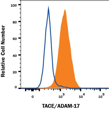 HeLa human cervical epithelial carcinoma cell line was stained with Mouse Anti-Human TACE/ADAM17 Ectodomain Monoclonal Antibody (Catalog # MAB9301, filled histogram) or isotype control antibody (MAB002, open histogram), followed by Allophycocyanin-conjugated Anti-Mouse IgG Secondary Antibody (F0101B). View our protocol for Staining Membrane-associated Proteins.