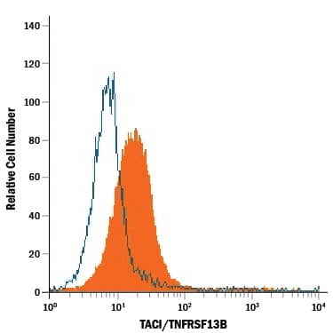 Raji human Burkitt's lymphoma cell line was stained with Mouse Anti-Human TACI/TNFRSF13B Monoclonal Antibody (Catalog # MAB1741, filled histogram) or isotype control antibody (Catalog # MAB002, open histogram), followed by PerCP-conjugated Anti-Mouse IgG Secondary Antibody (Catalog # F0114).