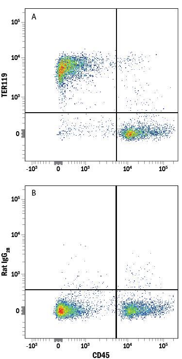Mouse bone marrow cells were stained with Rat Anti-Mouse CD45 PE-conjugated Monoclonal Antibody (Catalog # FAB114P) and either (A) Rat Anti-Mouse TER-119 Alexa Fluor® 700-conjugated Monoclonal Antibody (Catalog # FAB1125N) or (B) Rat IgG2BAlexa Fluor 700 Isotype Control (Catalog # IC013N). View our protocol for Staining Membrane-associated Proteins.