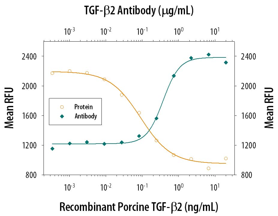 Porcine TGF-beta 2 (Catalog # 102-B2) inhibits Recombinant Mouse IL-4 (Catalog # 404-ML) induced proliferation in the HT-2 mouse T cell line in a dose-dependent manner (orange line). Inhibition of Recombinant Mouse IL-4 (7.5 ng/mL) activity elicited by Porcine TGF-beta 2 (1 ng/mL) is neutralized (green line) by increasing concentrations of Sheep Anti-TGF-beta 2 Polyclonal Antibody (Catalog # AB-112-NA). The ND50 is typically 0.3-1.5 µg/mL.