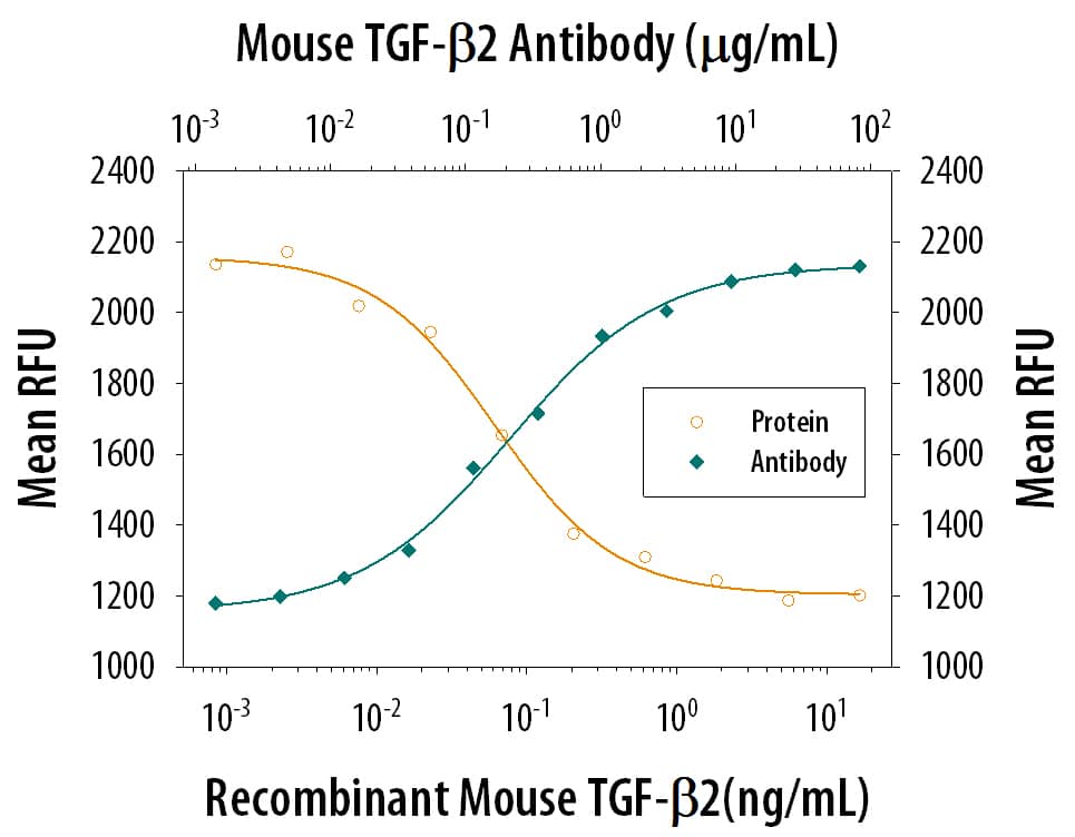 Recombinant Mouse TGF-beta 2 (Catalog # 7346-B2) inhibits Recombinant Mouse IL-4 (Catalog # 404-ML) induced proliferation in the HT-2 mouse T cell line in a dose-dependent manner (orange line). Inhibition of Recombinant Mouse IL-4 (7.5 ng/mL) activity elicited by Recombinant Mouse TGF-beta 2 (5 ng/mL) is neutralized (green line) by increasing concen-trations of Rat Anti-Mouse TGF-beta 2 Monoclonal Antibody (Catalog # MAB7346). The ND50 is typically 0.15-0.75 ug/mL.