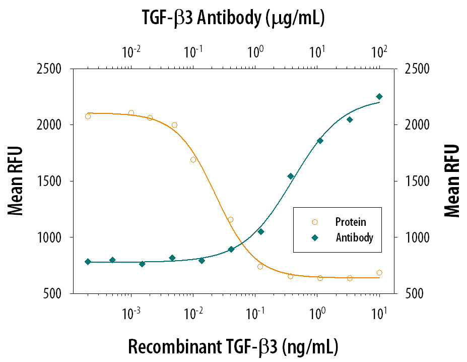 Recombinant Human TGF-beta 3 (Catalog # 243-B3) inhibits Recombinant Mouse IL-4 (Catalog # 404-ML) induced proliferation in the HT-2 mouse T cell line in a dose-dependent manner (orange line). Inhibition of Recombinant Mouse IL-4 (7.5 ng/mL) activity elicited by Recombinant Human TGF-beta 3 (0.1 ng/mL) is neutralized (green line) by increasing concentrations of Goat Anti-TGF-beta 3 Polyclonal Antibody (Catalog # AB-244-NA). The ND50 is typically 1-3 µg/mL.