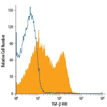 Human peripheral blood lymphocytes were stained with Goat Anti-Human TGF-beta  RIII PE-conjugated Antigen Affinity-purified Polyclonal Antibody (Catalog # FAB242P, filled histogram) or isotype control antibody (Catalog # IC108P, open histogram). View our protocol for Staining Membrane-associated Proteins.