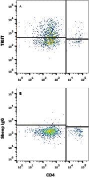 Mouse splenocytes treated with 50 ng/mL PMA and 200 ng/mL Calcium Ionomycin overnight were stained with Rat Anti-Mouse CD4 APC-conjugated Monoclonal Antibody (Catalog # FAB554A) and either (A) Sheep Anti-Mouse TIGIT Alexa Fluor® 488-conjugated Antigen Affinity-purified Polyclonal Antibody (Catalog # FAB7267G) or (B) Normal Sheep IgG Allophycocyanin Control (Catalog # IC016A). View our protocol for Staining Membrane-associated Proteins.