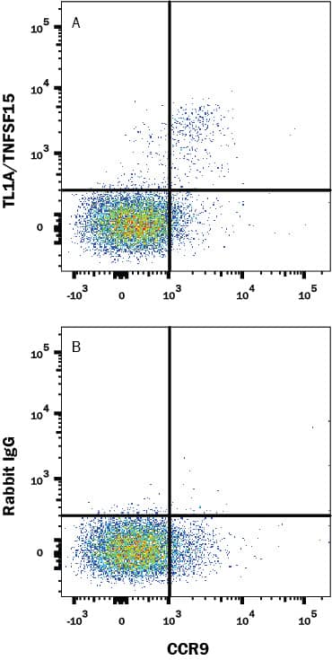 Human peripheral blood mononuclear cells (PBMCs) were stained with (A) Rabbit Anti-Human TL1A/TNFSF15 Monoclonal Antibody (Catalog # MAB74422) or (B) Rabbit IgG control antibody (MAB1050) followed by Goat anti-Rabbit IgG PE-conjugated Secondary Antibody (F0110) and Mouse anti-Human CCR9 APC-conjugated Monoclonal Antibody (FAB1791A). Cells were gated on CD4+ lymphocytes using Mouse anti-Human CD4 FITC-conjugated Monoclonal Antibody (FAB3791F). View our protocol for Staining Membrane-associated Proteins.