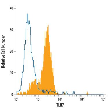 Ramos human Burkitt's lymphoma cell line was stained with Mouse Anti-Human TLR7 PE-conjugated Monoclonal Antibody (Catalog # IC5875P, filled histogram) or isotype control antibody (Catalog # IC003P, open histogram). To facilitate intracellular staining, cells were fixed with Flow Cytometry Fixation Buffer (Catalog # FC004) and permeabilized with Flow Cytometry Permeabilization/Wash Buffer I (Catalog # FC005). View our protocol for Staining Intracellular Molecules.