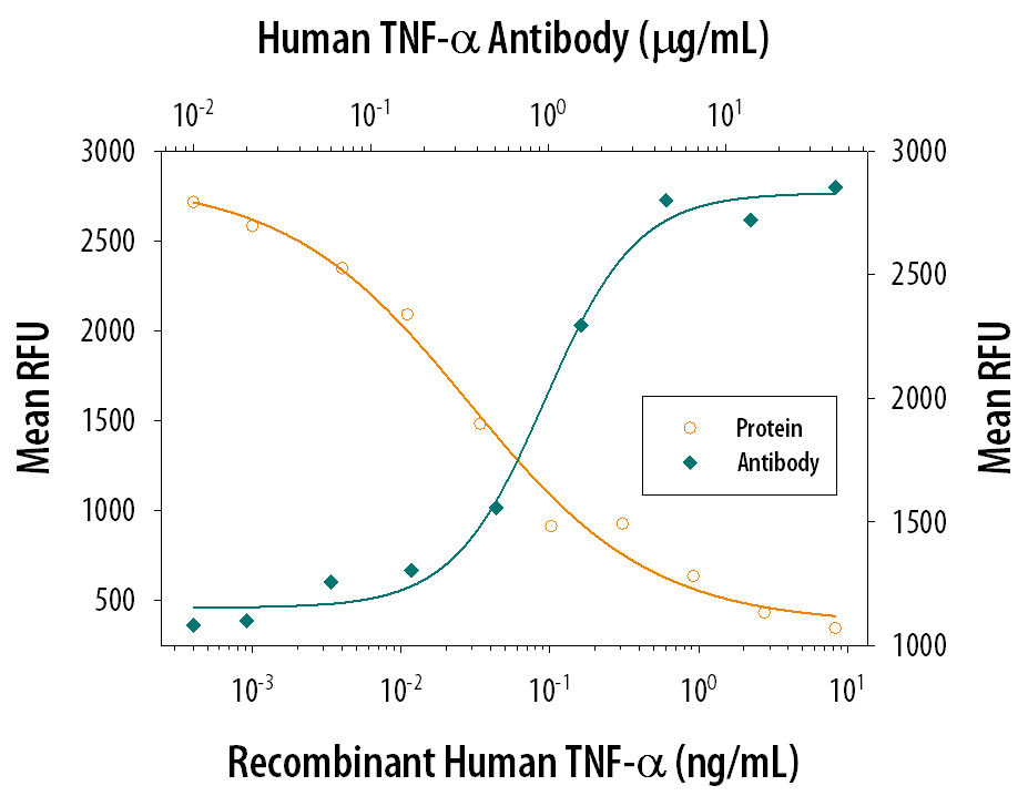 Recombinant Human TNF-a (Catalog # 210-TA) induces cytotoxicity in the the L-929 mouse fibroblast cell line in a dose-dependent manner (orange line). Cytotoxicity elicited by Recombinant Human TNF-a (0.25 ng/mL) is neutralized (green line) by increasing concentrations of Human TNF-a Polyclonal Antibody (Catalog # AB-210-NA). The ND50 is typically 0.05-0.25 µg/mL in the presence of the metabolic inhibitor actinomycin D (1 µg/mL).