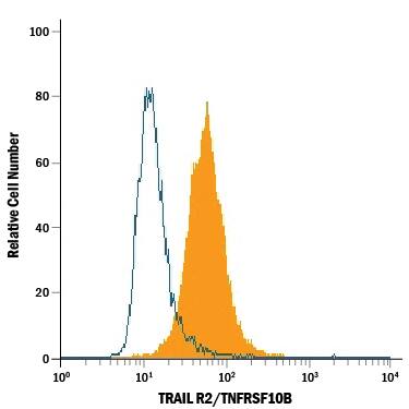 MDA-MB-231 human breast cancer cell line was stained with Mouse Anti-Human TRAIL R2/TNFRSF10B PE-conjugated Monoclonal Antibody (Catalog # FAB6311P, filled histogram) or isotype control antibody (Catalog # IC0041P, open histogram). View our protocol for Staining Membrane-associated Proteins.